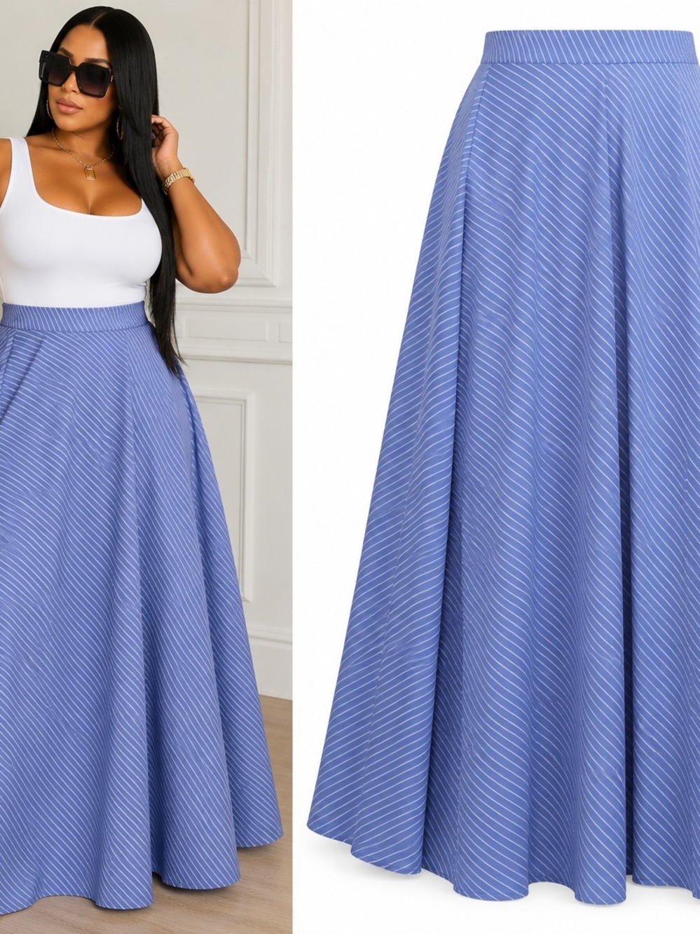 Blue Striped Maxi Skirt - Classic Flare
